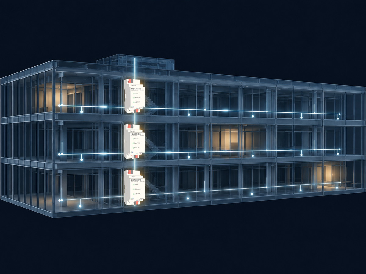 A KNX topology running through a building, line couplers joining each floor to the backbone
