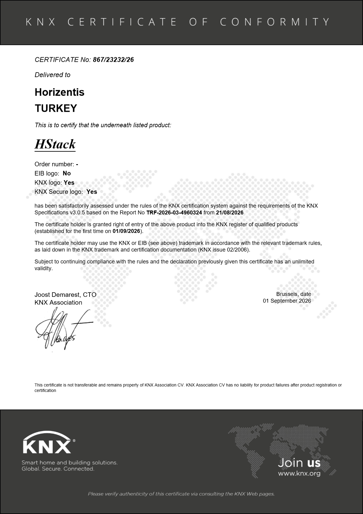 Certificato di conformità KNX per HStack, numero 867/23232/26